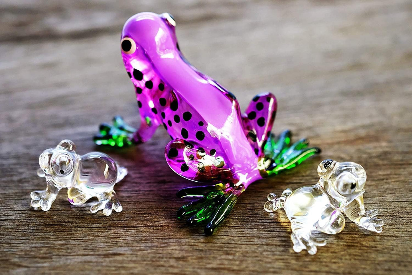 ChangThai Design Tiny 2¼" Purple Green Black Dotted Frog Figurine - Miniature Hand Blown Painted Glass Collectible