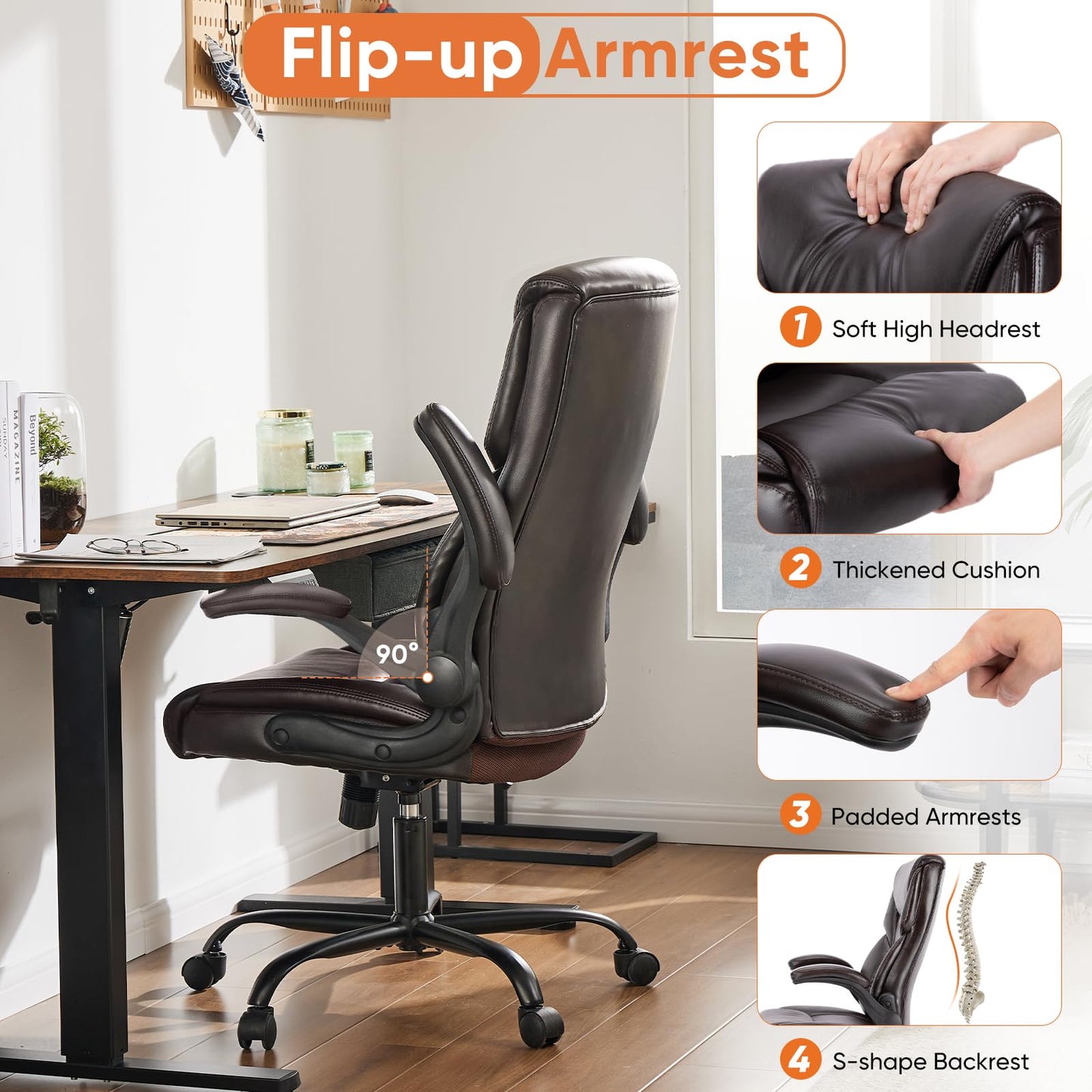 Sweetcrispy Ergonomic Computer Gaming Office Chair Set of 2, Heavy Duty Task Desk Swivel Rolling Chairs with Wheels, Flip-up Arms, Adjustable Height, PU Leather,Dark Brown