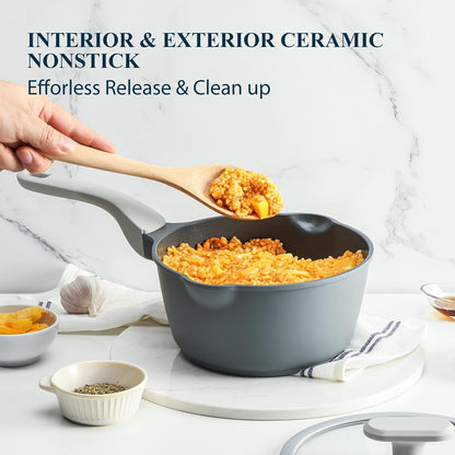 PRICUSIS Nonstick Saucepan - 2 Quart Ceramic Cookware with Lid & Pour Spouts | PTFE, PFOA & PFAS Free