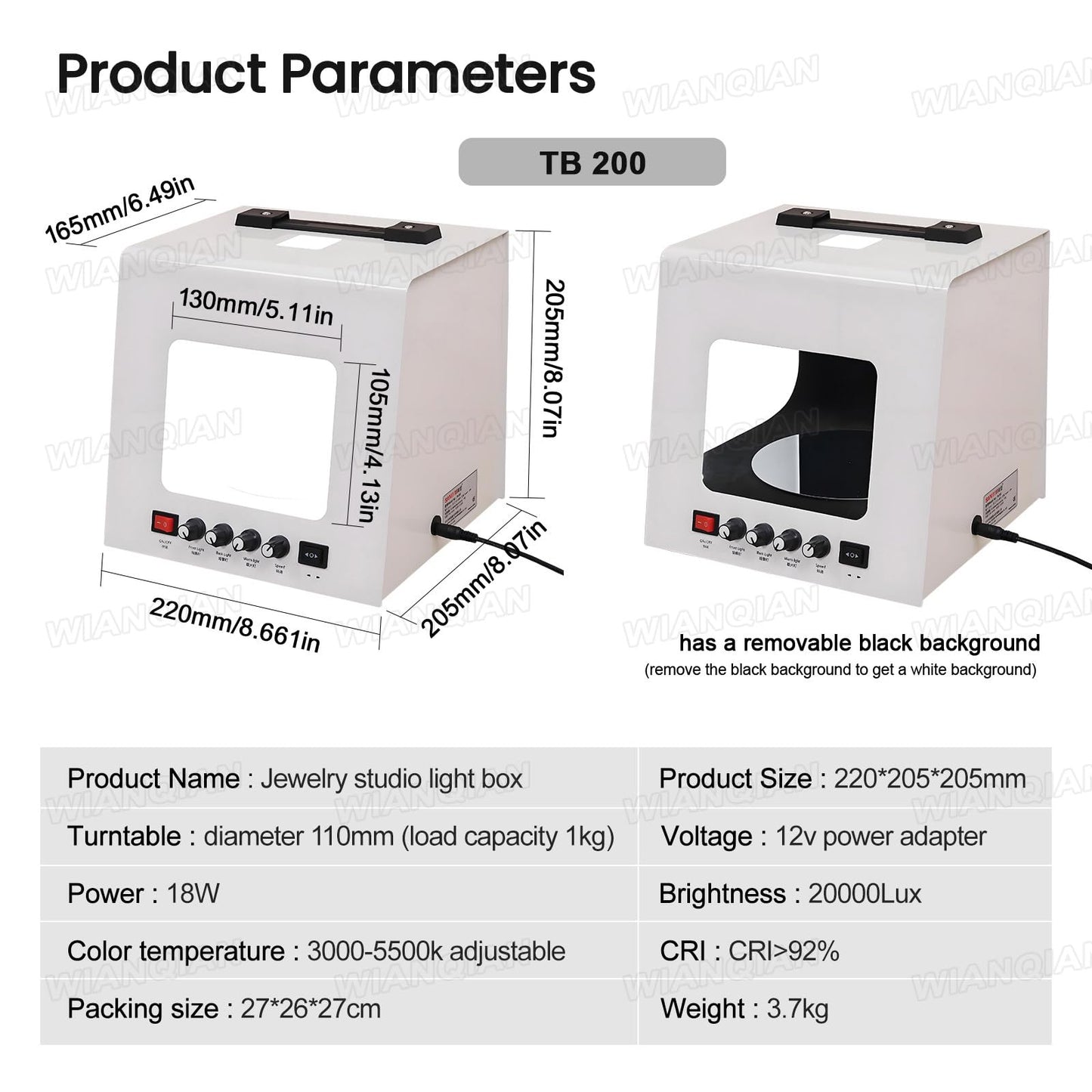 Portable Photo Studio Light Box, Jewelry Photography Box Kit, Jewelry Photography Light Box Kit, 20,000 Lux / 22,000 Lux, Bidirectionally Adjustable Speed, For Small Items Photography Video TB200