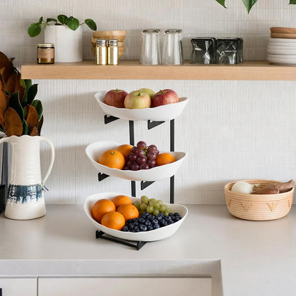 3 Tier Fruit Bowl for Kitchen Counter - Tiered White Fruit Stand, Easy to Assemble & Clean, Sturdy Plastic Fruit Storage Container for Fruits, Vegetables, Snacks, Elegant Serving Bowl for Home & Party