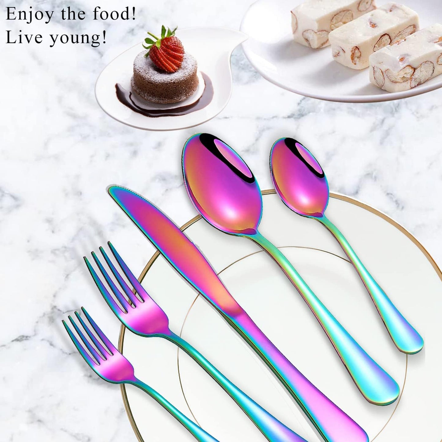 Set of 16 Rainbow Soup Spoons, Top Food Grade Stainless Steel Silverware, 6.69 Inches, Dishwasher Safe