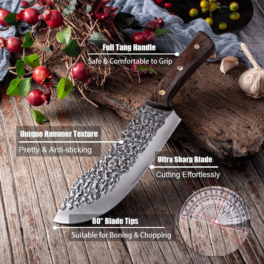 ROCOCO Butcher Knife, Hand Forged 7" Sharp Full Tang Kitchen Meat Cleaver for Home and Outdoor Cooking