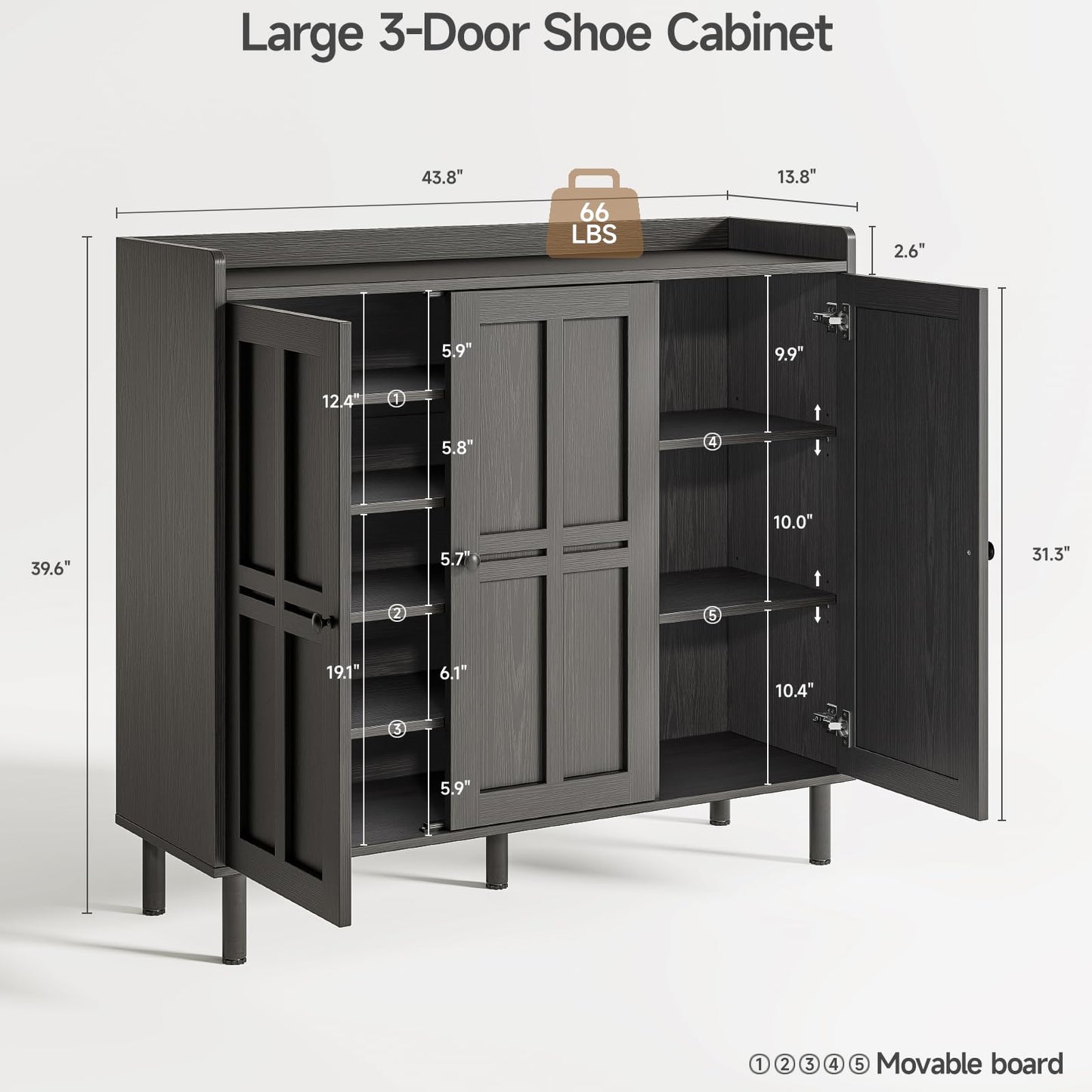 ONBRILL Shoe Cabinet with 3 Doors and Adjustable Shelves, 30 Pairs Shoe Storage Cabinet, 40 Inch Tall Farmhouse Shoe Rack Shoe Organizer Cabinet for Entryway Living Room Closet, Black