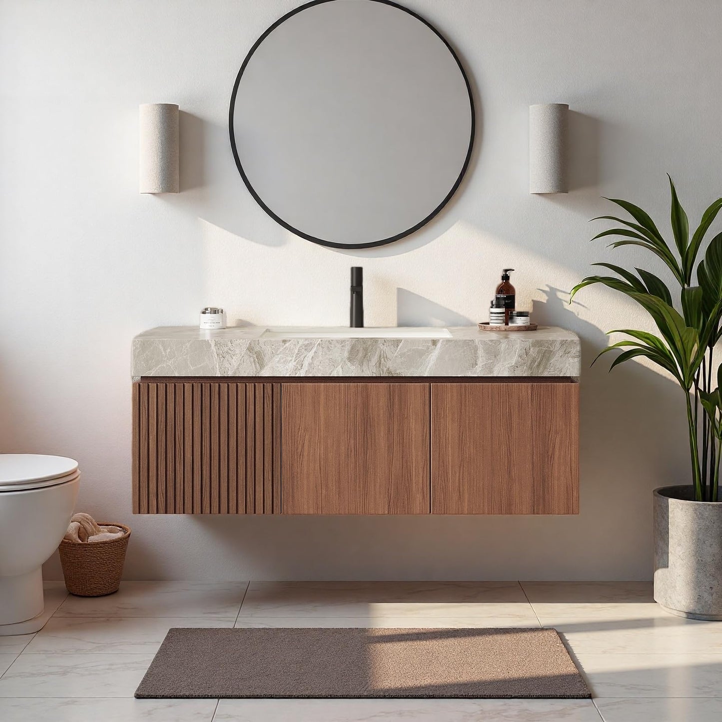Trygoal 48" Bathroom Vanity with Sink, Wall-Mounted Plywood Bathroom Storage Cabinet with Ceramic Basin & Sintered Stone Countertop, Modern Pre-Assembled Floating Vanity with Drawer & Door, Brown Oak
