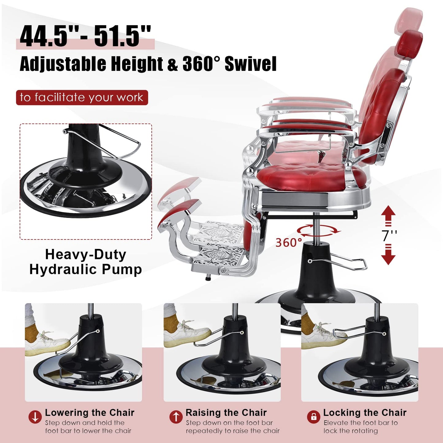 GLOBALWAY Vintage Barber Chair, Salon Chair, Hydraulic Recline Beauty Spa Styling Equipment W/Adjustable Height & Headrest, Rotated Foot Pedal, Hairdressing Tattoo Beauty Spa Equipment (Red)