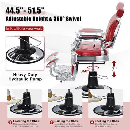 GLOBALWAY Vintage Barber Chair, Salon Chair, Hydraulic Recline Beauty Spa Styling Equipment W/Adjustable Height & Headrest, Rotated Foot Pedal, Hairdressing Tattoo Beauty Spa Equipment (Red)