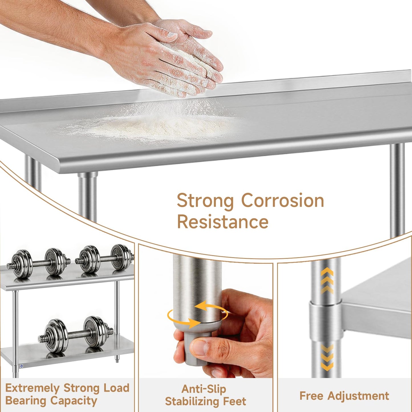ROCKPOINT All Stainless Steel Perp Table with Backsplash 24x72 Inch, Commercial Heavy Duty Table with Stainless Legs & Adjustable Undershelf, 890 lb Capacity for Restaurant,Home and Outdoor Kitchens