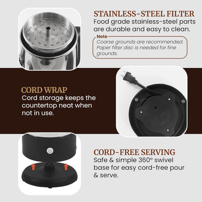 12-Cup 360 Elite Gourmet Electric Coffee Percolator, Dishwasher Safe Stainless-Steel Filter, Lid & Tube, Keep Warm