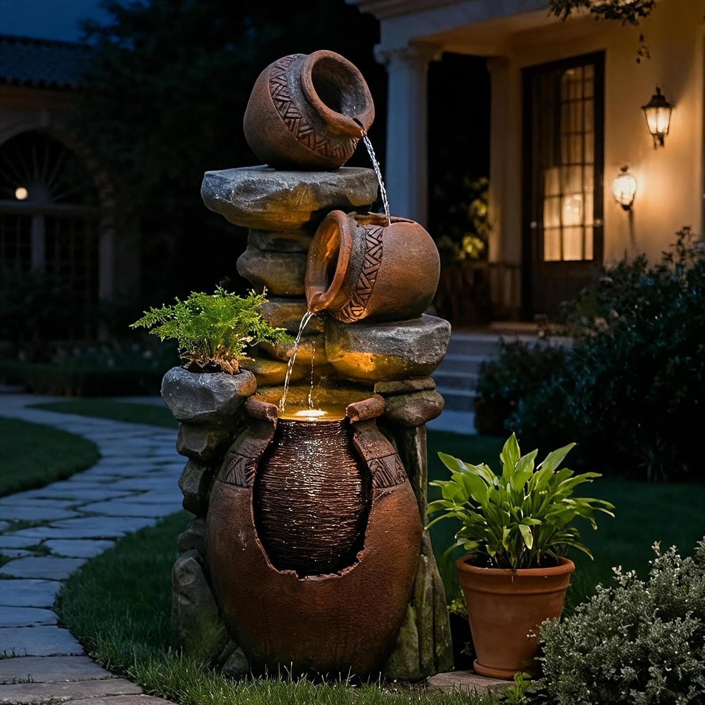 Bumilgar 38.4" H Garden Water Fountain, 3-Tier Cascading Water Features with LED Light, Faux Terracotta Jar Design for Patio, Backyard, Deck, Porch, and Home Art Décor, Brown