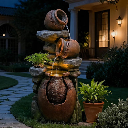 Bumilgar 38.4" H Garden Water Fountain, 3-Tier Cascading Water Features with LED Light, Faux Terracotta Jar Design for Patio, Backyard, Deck, Porch, and Home Art Décor, Brown