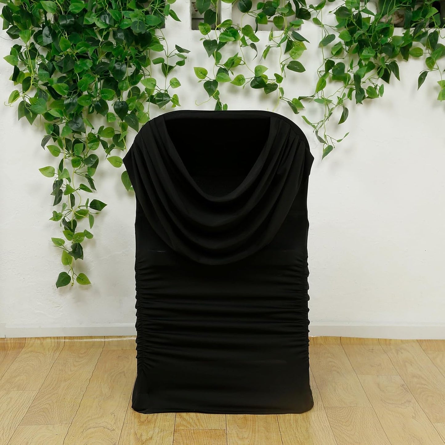 Efavormart Spandex Fitted Folding Chair Cover Black with Ruched Swag Back and Foot Pockets Durable Stretch Slipcover