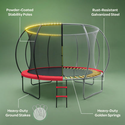 JoyBerri Trampoline Outdoor - Upsurge ASTM Certified Safe 8Ft 10Ft 12Ft 14Ft 15Ft 16Ft Recreational Trampoline for Kids and Adults. Anti-Rust Coating with Enclosure Net, Ladder, Sprinkler & LED Lights