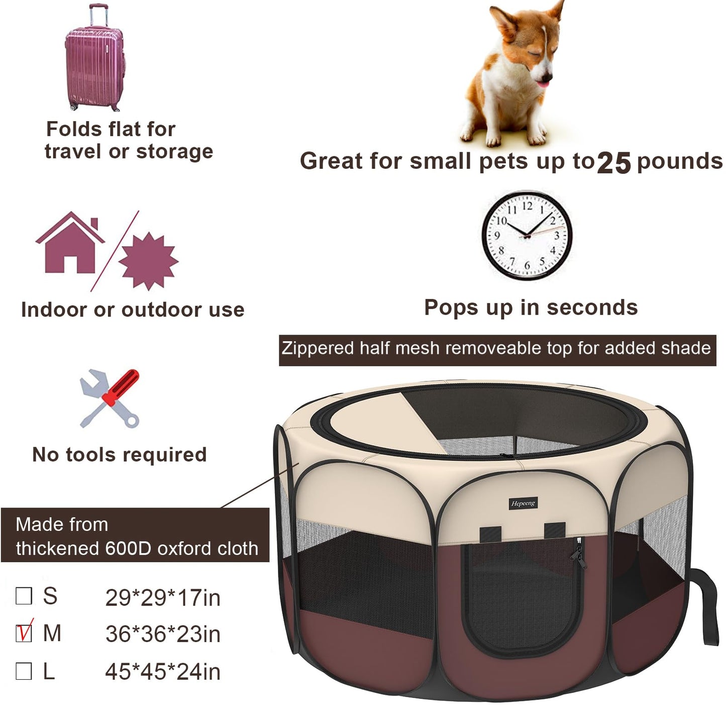 Portable Pet Playpen, 8-Panel Indoor/Outdoor Puppy Pen with Shade Cover & Travel Bag - Waterproof Dog Cat Tent Includes Collapsible Bowl