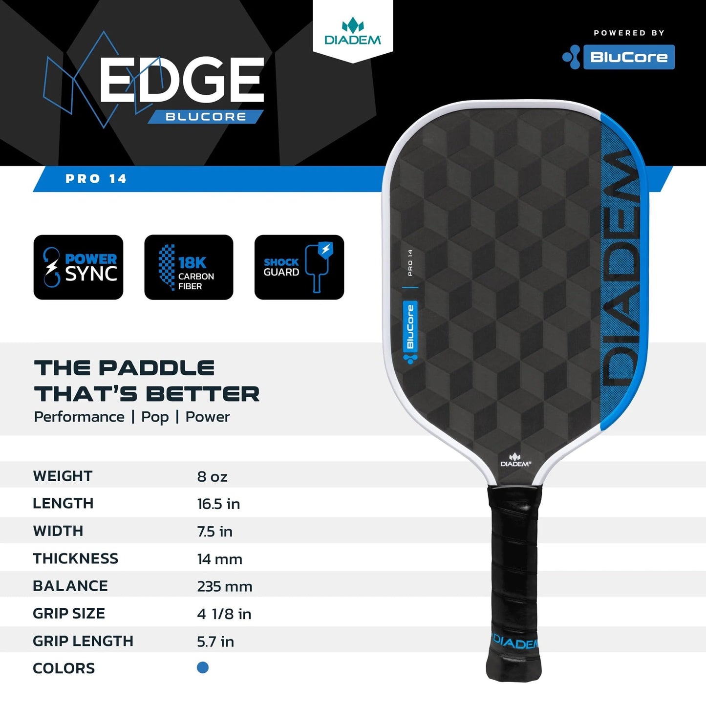 Diadem Edge BluCore Pro Pickleball Paddle | Ultimate Speed & Precision, Extended Reach, 18K Carbon Fiber, PowerSync Foam Core | USAPA Approved (Pro 14mm)