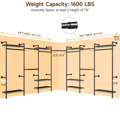ONBRILL L7 Wall Mounted Industrial Pipe Clothing Rack – Heavy Duty Modular Closet System with 9 Hanging Rods (6 Expandable) & 10 Adjustable Shelves, Corner Garment Rack, Large Wardrobe - Black