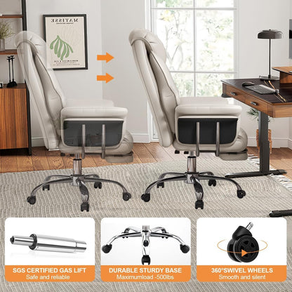 Executive High-Back Office Chair, Beige PU Leather, 550 Lbs Capacity, Retractable Footrest, Swivel with Chrome Base