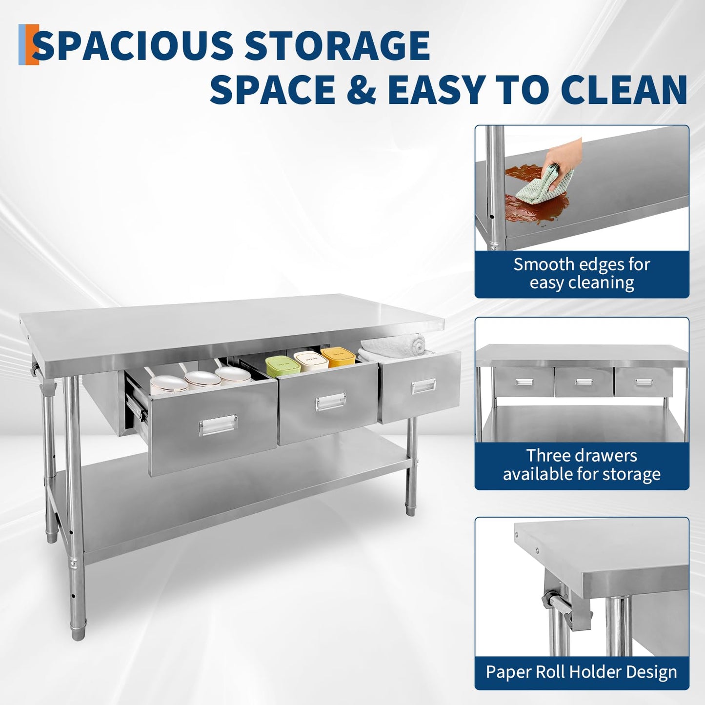 60" x 24" Stainless Steel Table with 3 Drawers, NSF Prep Table with Adjustable Undershelf & Paper Towel Holder, Heavy-Duty Food Prep Worktable for Commercial Kitchen Restaurant Garage Warehouse