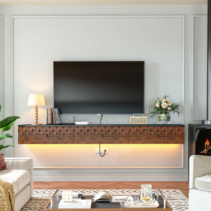 FurniNova Fully Assembled Floating TV Stand, 55 inch Wall Mounted Media Console with Carved Solid Wood Doors & 2 Drawers, Plywood Entertainment Center for Living Room, Black & Walnut