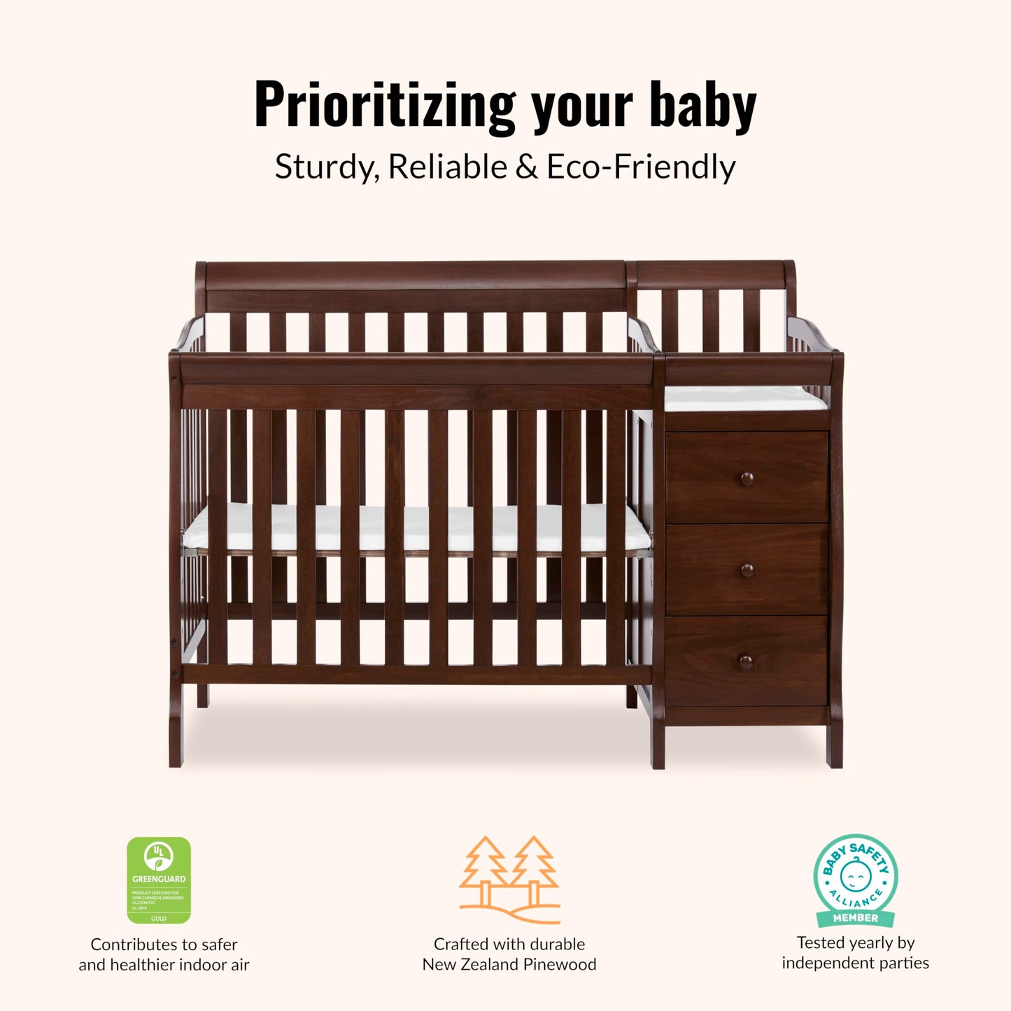 Dream On Me Jayden 4‑in‑1 Mini Convertible Baby Crib & Changer with Storage in Espresso, Pinewood, GreenGuard Gold & BSA, 1” Mattress Pad, 3 Mattress Heights, Converts to Mini Day & Twin-Size Bed