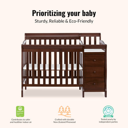 Dream On Me Jayden 4‑in‑1 Mini Convertible Baby Crib & Changer with Storage in Espresso, Pinewood, GreenGuard Gold & BSA, 1” Mattress Pad, 3 Mattress Heights, Converts to Mini Day & Twin-Size Bed