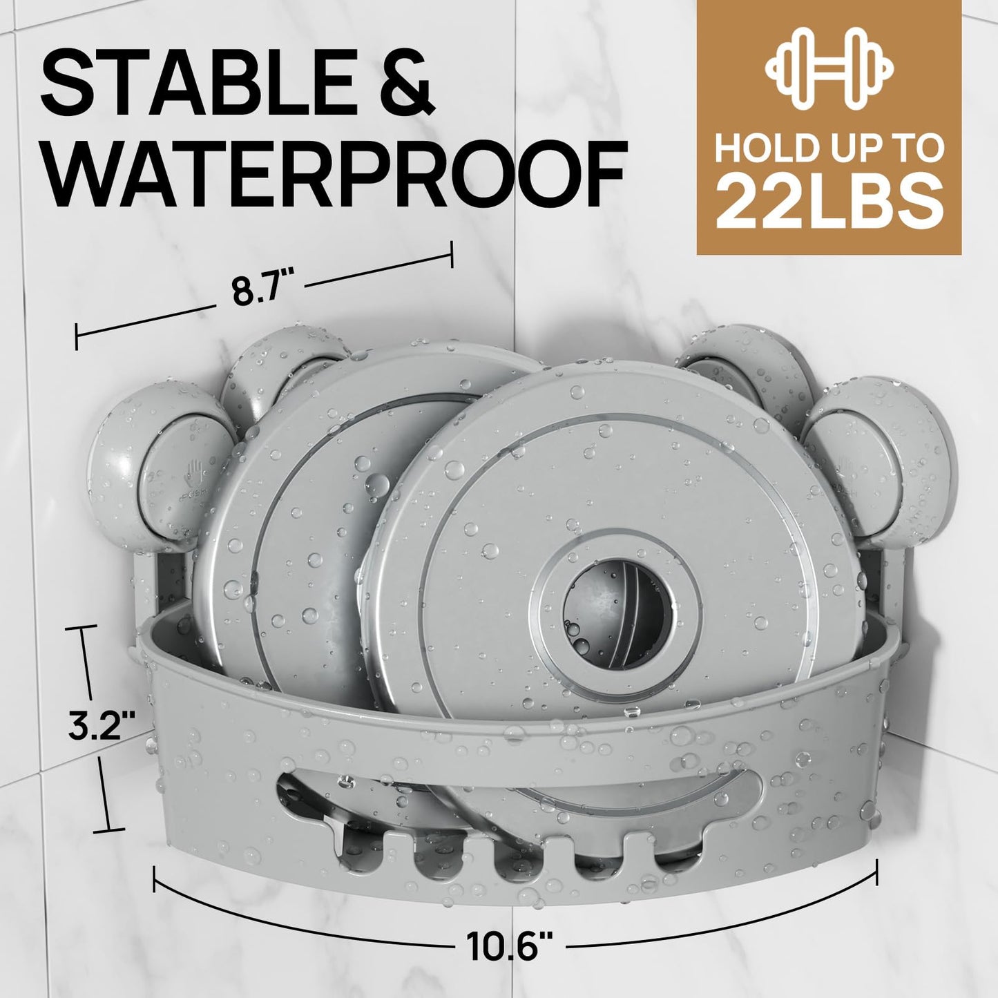LEVERLOC Corner Shower Caddy Suction Cup, shower shelves suction cup, 2 Pack Basket Powerful Bathroom, Waterproof & Oil-proof Organizer for Kitchen, No-Drilling Removable (Grey)