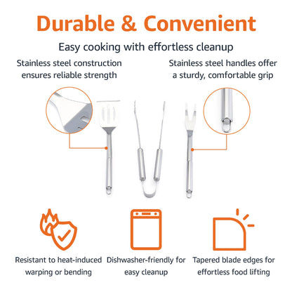 Amazon Basics 4-Piece Stainless Steel BBQ Grilling Tool Set with Carry Bag, Rust-Resistant, Dishwasher Safe