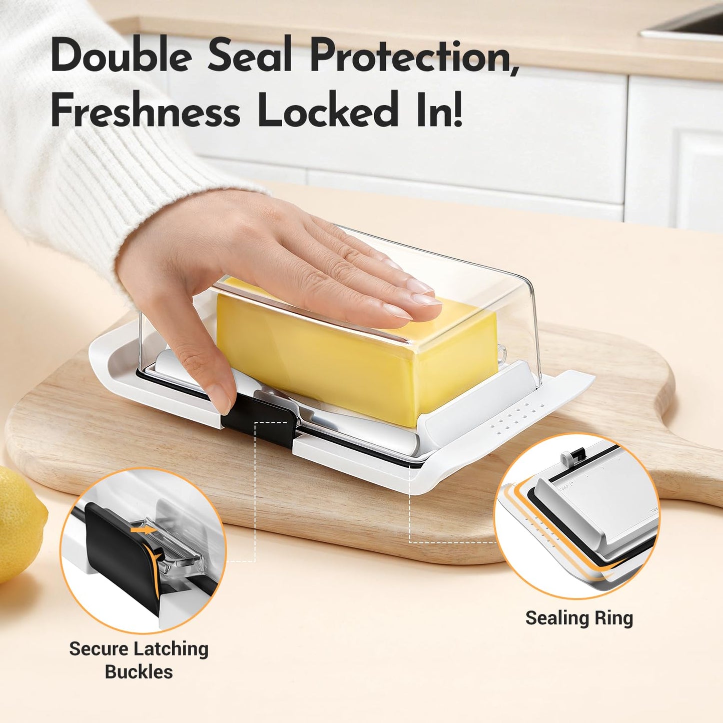 Butter Dish with Lid, IKOCO Large Butter Dish with Knife for Countertop and Refrigerator, Plastic Butter Holder Container Tray for 2 Sticks Butter, White