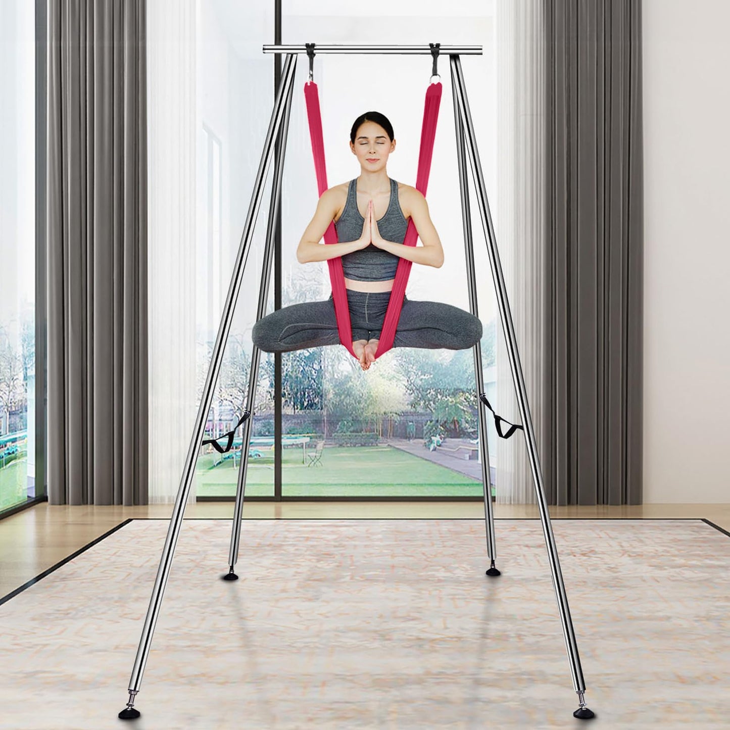 VEVOR Aerial Yoga Frame & Hammock, 551.15 lbs Load Capacity, 9.68 ft Height Professional Yoga Swing Stand Comes with 6.6 Yards Hammock, Rigging Hardware for Indoor Outdoor Fitness Bodybuilding, Red