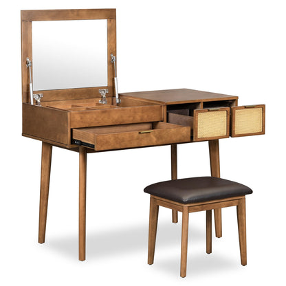 GDFStudio 43.3" Makeup Vanity Set with Flip Top Mirror, Brown Classic Wood Dressing Table with Three Drawers, Upholstered Stool, Hidden Mirror Design, Storage Vanity Furniture for Bedroom