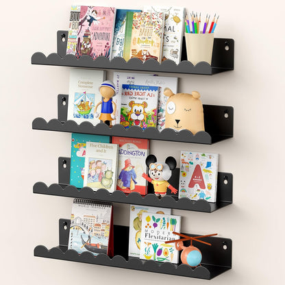 17 Inch 4 Pack, Nursery Book Shelves, Metal Floating Shelves for Wall Scalloped Shelves, Wall Mounted Book Shelf