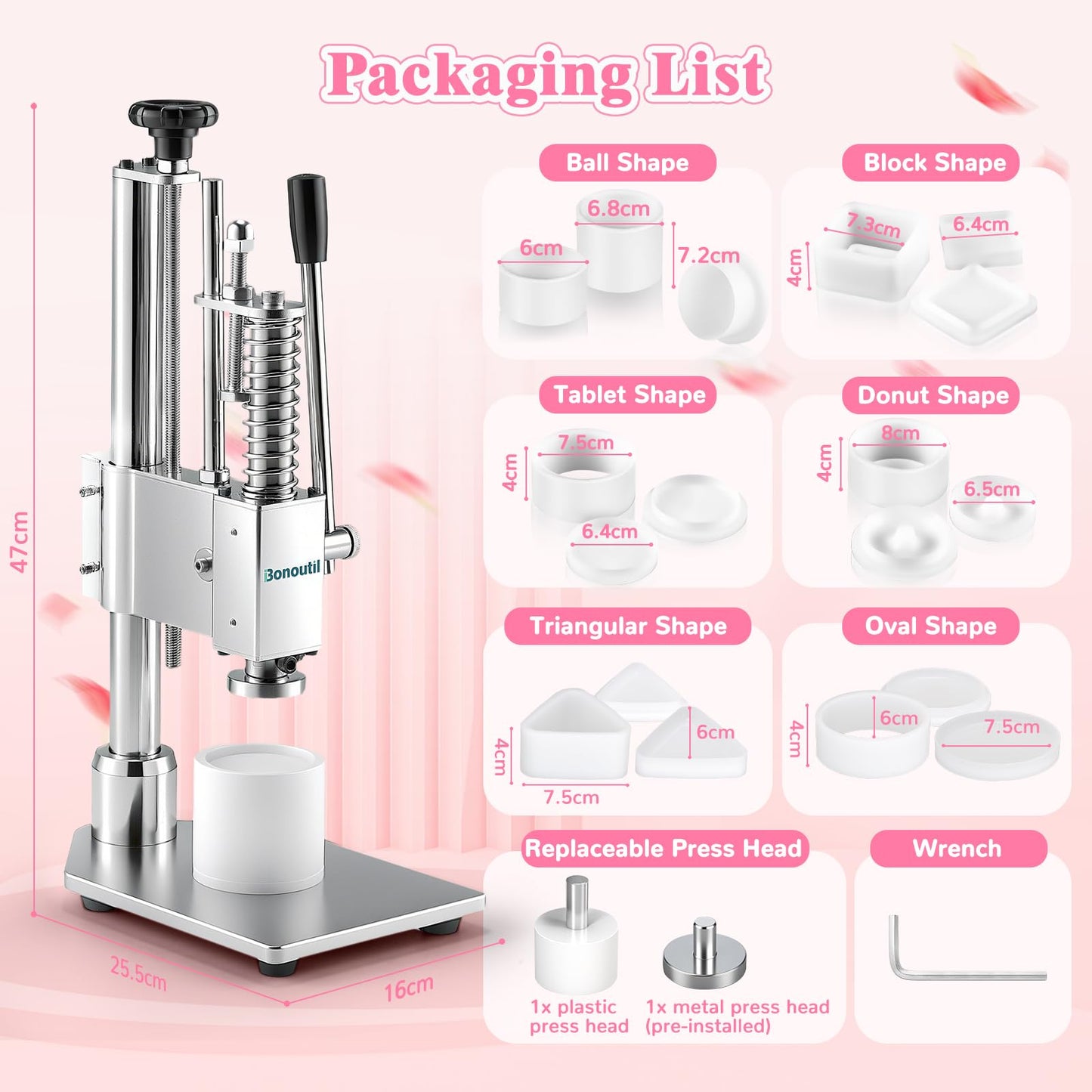 Bonoutil Bath Bomb Press Machine with 6 Molds, Heavy Duty Adjustable Height Bath Bomb Machine DIY Soap Press