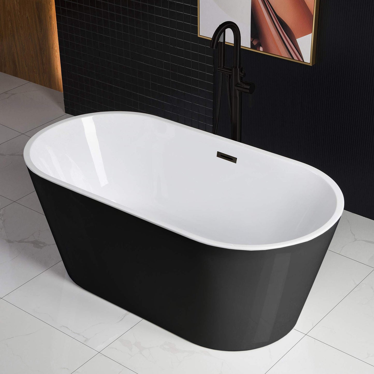 WOODBRIDGE 59" Acrylic Freestanding Bathtub Contemporary Soaking Tub with Matte Black Overflow and Drain,Black
