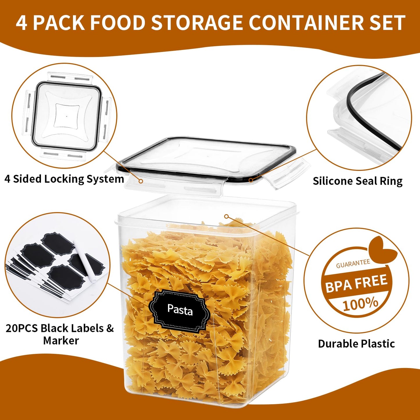 HKJ Chef 4 Pack Large Airtight Food Storage Containers with Lids (5.2L / 176oz), BPA Free Plastic Kitchen and Pantry Organization Contianers for Cereal Flour and Sugar Storage, Labels & Marker