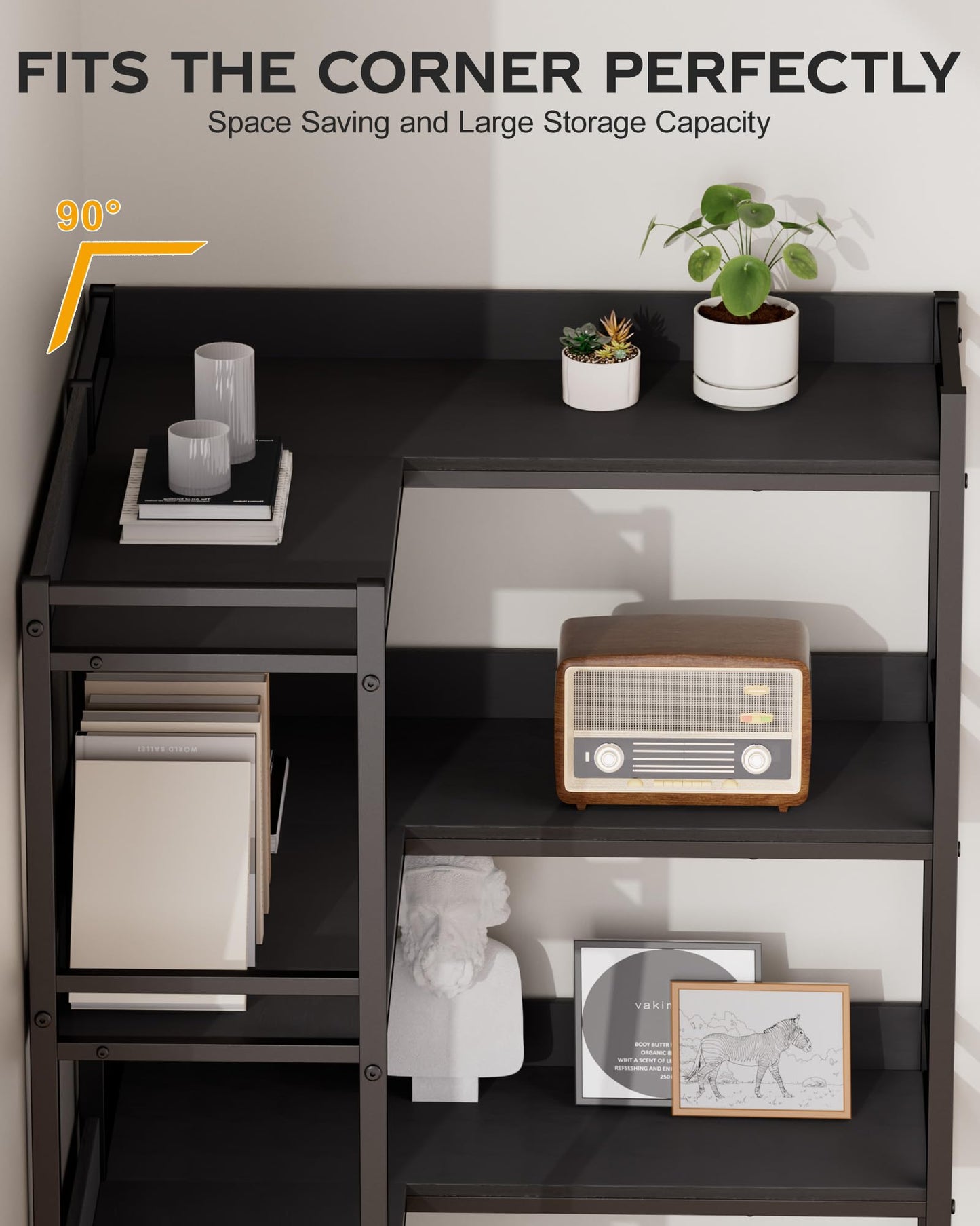 Large 5-Tier Corner Bookshelf - Modern Tall Corner Shelf Storage Display Rack with Sturdy Metal Frame - Perfect for Living Room, Home Office, Books and Decor Display