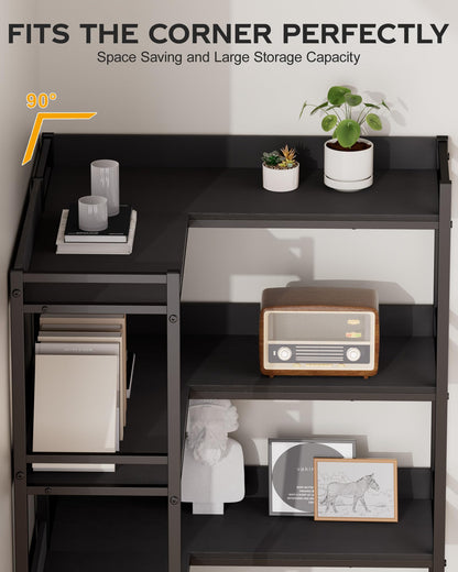 Large 5-Tier Corner Bookshelf - Modern Tall Corner Shelf Storage Display Rack with Sturdy Metal Frame - Perfect for Living Room, Home Office, Books and Decor Display