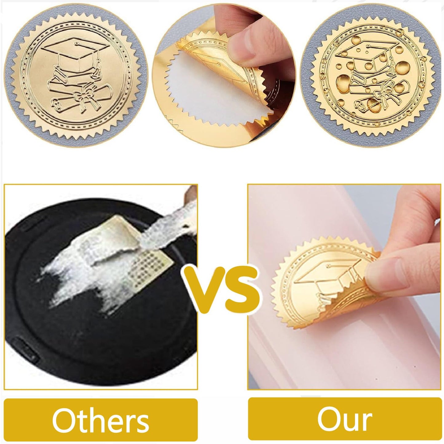 CRASPIRE 408Pcs Graduation Cap Books Certificates Official Gold Foil Embossed Stickers 2" Self Adhesive Envelopes Seals Round Labels for Award Wedding Invitation Corporate Diplomas Gift Wrapping Decor