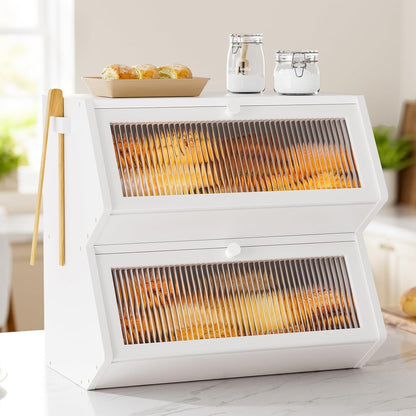 Countertop, Counter WOWLIVE Double Layer Bread Box for Kitchen Large Bamboo Bread Storage Container for Homemade Bread