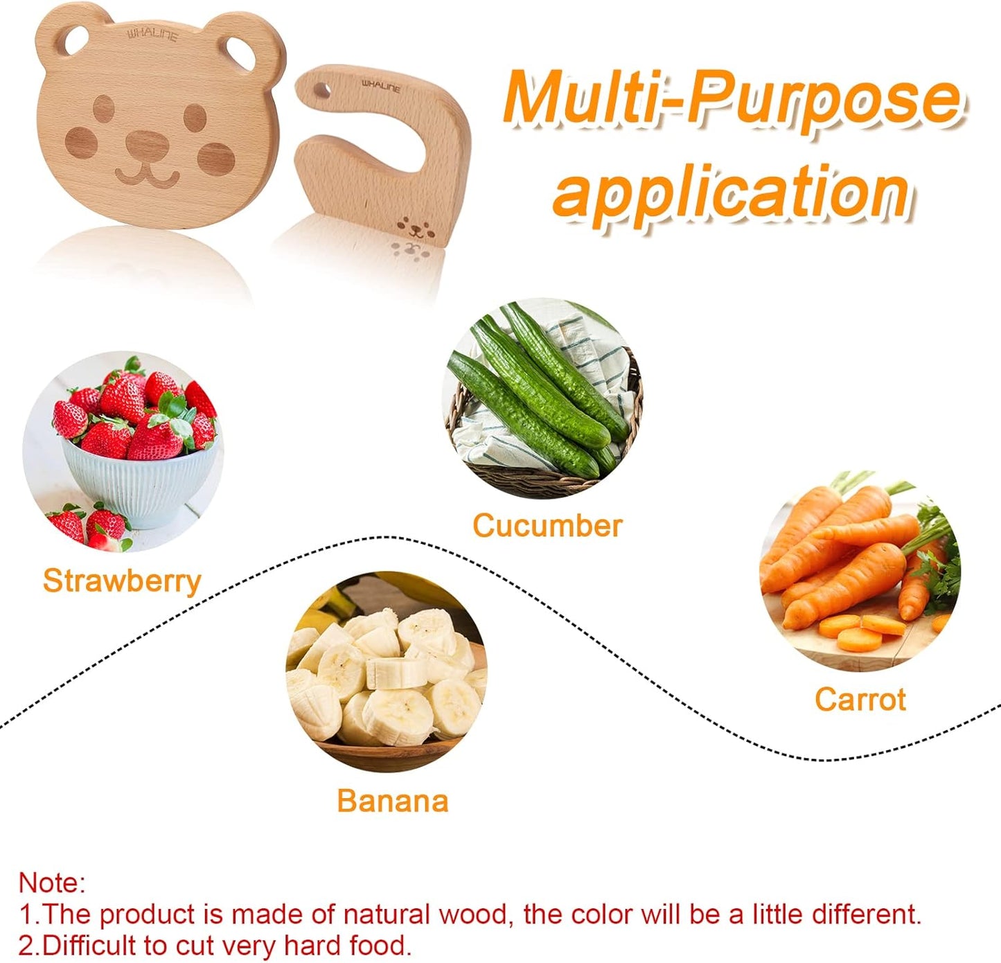 Cute Bear Wooden Cutting Board and Safe Wooden Kids Knife Set, Natural Thick Montessori Knife for Kids, 2Pcs