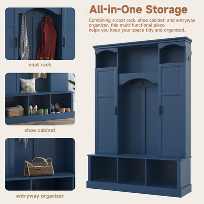 Modern Farmhouse Hall Tree with Adjustable Shelves & 7 Hooks, All-in-One Entryway Organizer, Shoe Cabinet & Storage Bench for Mudroom, Hallway, Classic Arched Design, Dual Side Cabinets (Blue Style6)