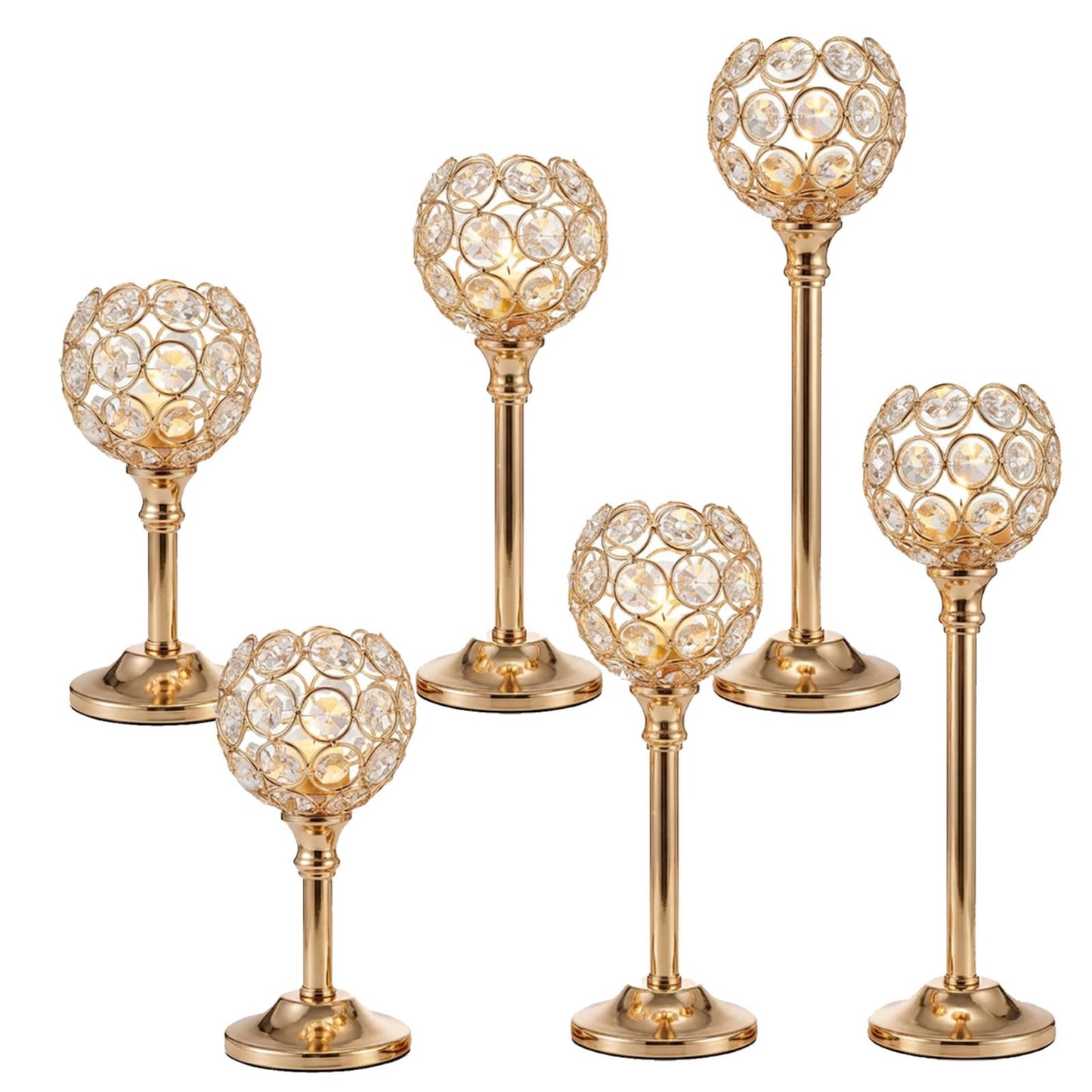 HearthLume Candle Holder Candlestick Holders- 2Set Gold Crystal Pillar Candle Holders,Metal Candlestick Stands for Wedding Centerpieces,Table Decor for Church,Valentine's Day Housewarming Gift,6Pcs
