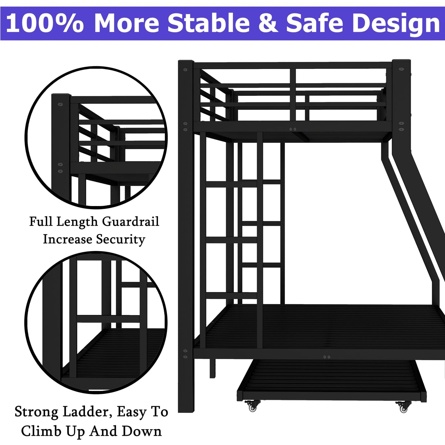 Heavy-Duty Metal Twin XL Over Queen Bunk Bed with Trundle for Teens Adults,Higher Quality Steel Queen Size BunkBed with 2 Vertical Ladders ,Noise Free for Small Bedroom, Weight Capacity 700LBS (Black)