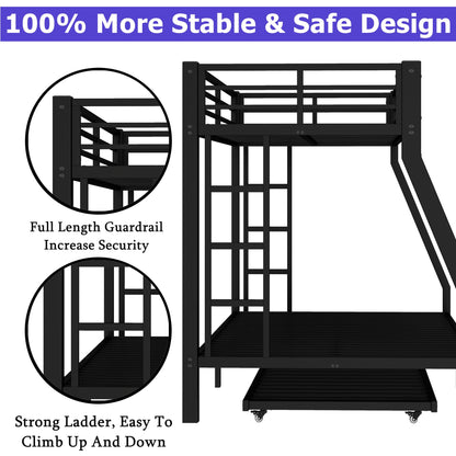 Heavy-Duty Metal Twin XL Over Queen Bunk Bed with Trundle for Teens Adults,Higher Quality Steel Queen Size BunkBed with 2 Vertical Ladders ,Noise Free for Small Bedroom, Weight Capacity 700LBS (Black)