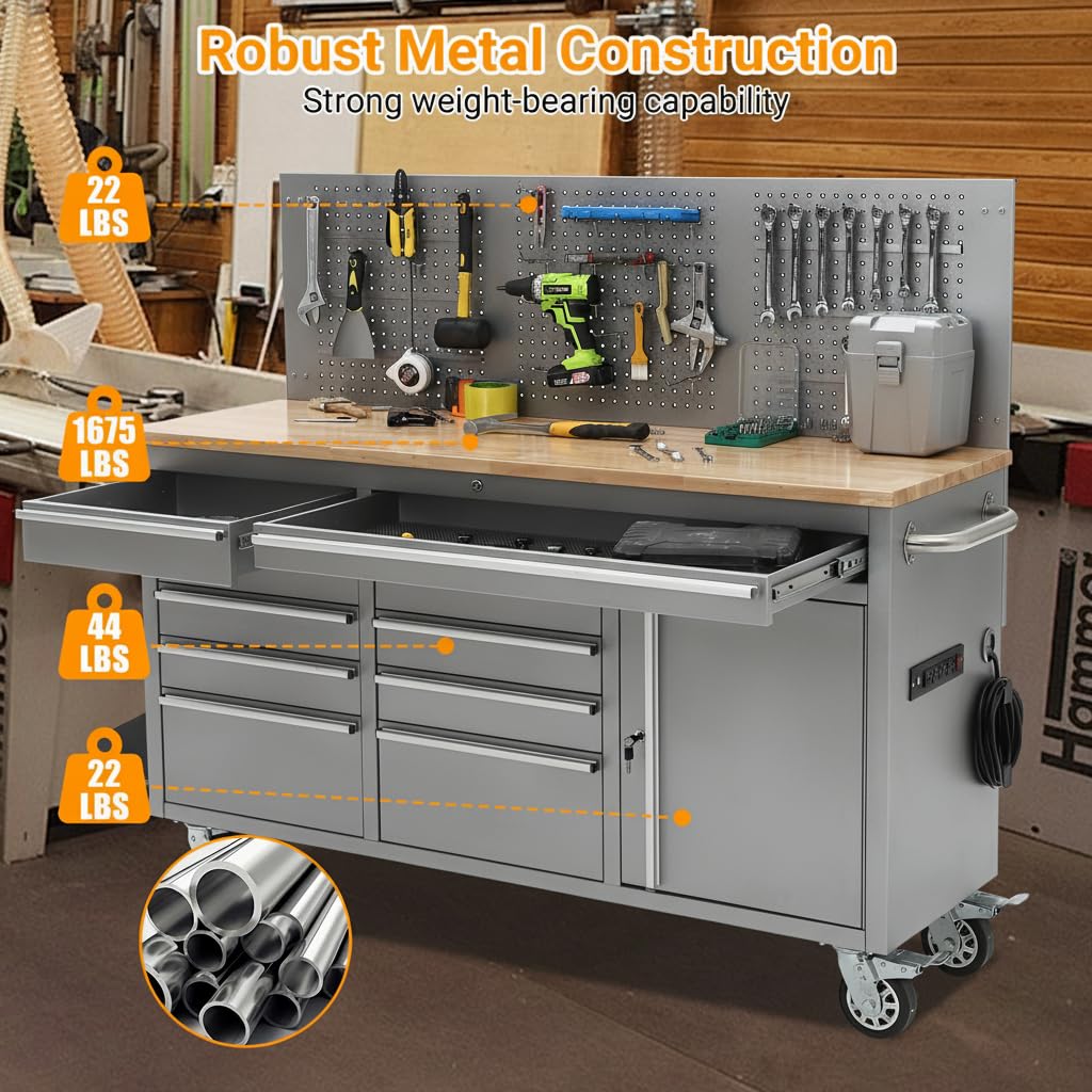 GAOMON 61-inch Rolling Tool Chest, 10 Drawers Garage Workbench Storage Tool Cabinet with Power Strip, Solid Rubber Wood Top, 1675 LBS Load Mobile Workstation, Heavy Duty Rolling Cabinet, Silver