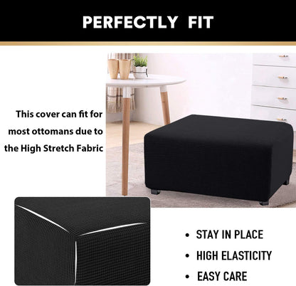 PrinceDeco Stretch Ottoman Cover Slipcovers, Rectangle for Living Room Foot Stool, Thick Checked Jacquard Fabric