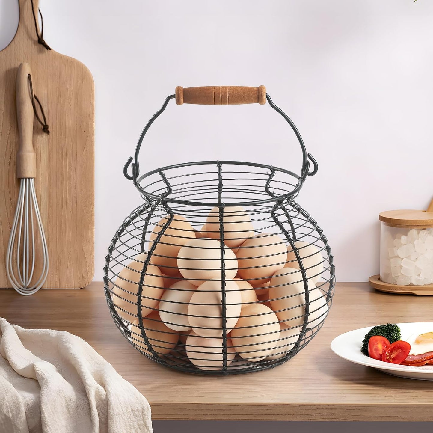 Farmhouse Round Wire Egg Basket with Handle, Metal Egg Collecting Basket for Countertop Holder (8.5 * 7.5 inch)