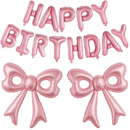 Pink Happy Birthday Balloons, 31”Huge Pink Bow Aluminum Foil Balloons for Girl Woman Birthday, Princess, Coquette Party Decorations Supplies
