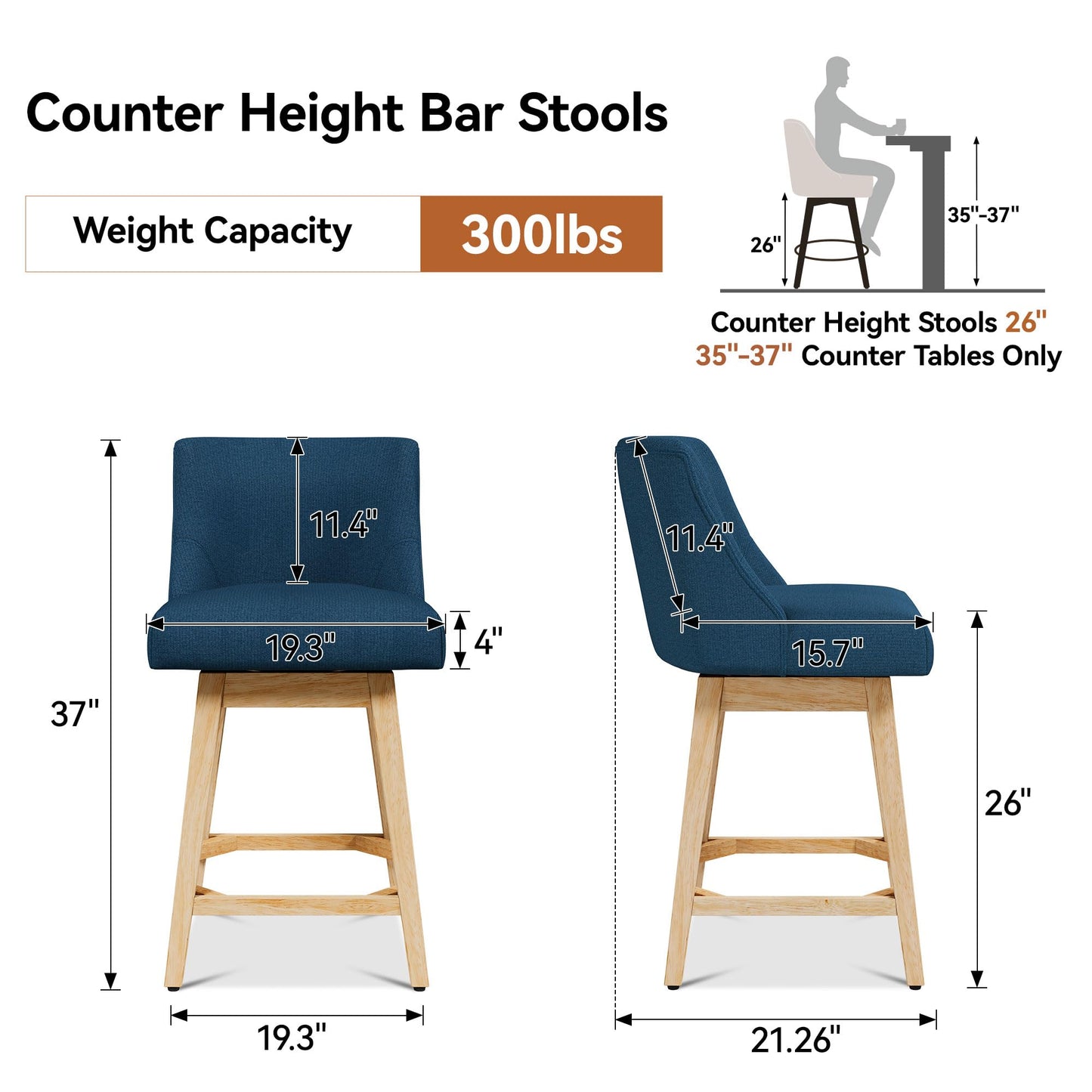 Erdoru Swivel Counter Height Bar Stools Set of 2, Modern Fabric Swivel Barstools with Contoured Back and Solid Wood Legs, Upholstered Counter Stool Bar Chairs for Kitchen Island, Home Bar, Blue