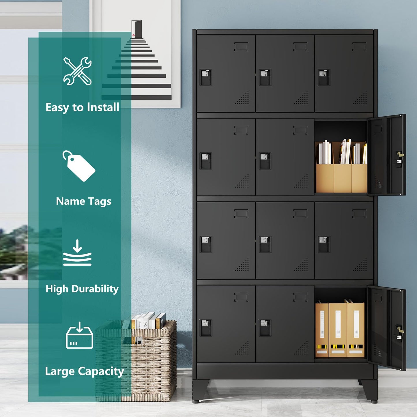 winiowa Metal Locker for Employees, 12 Doors Locker Organizer with Shelves, Black Steel Storage Lockers Cabinet for Garage School Office Gym Bedroom(Black,12 Doors)