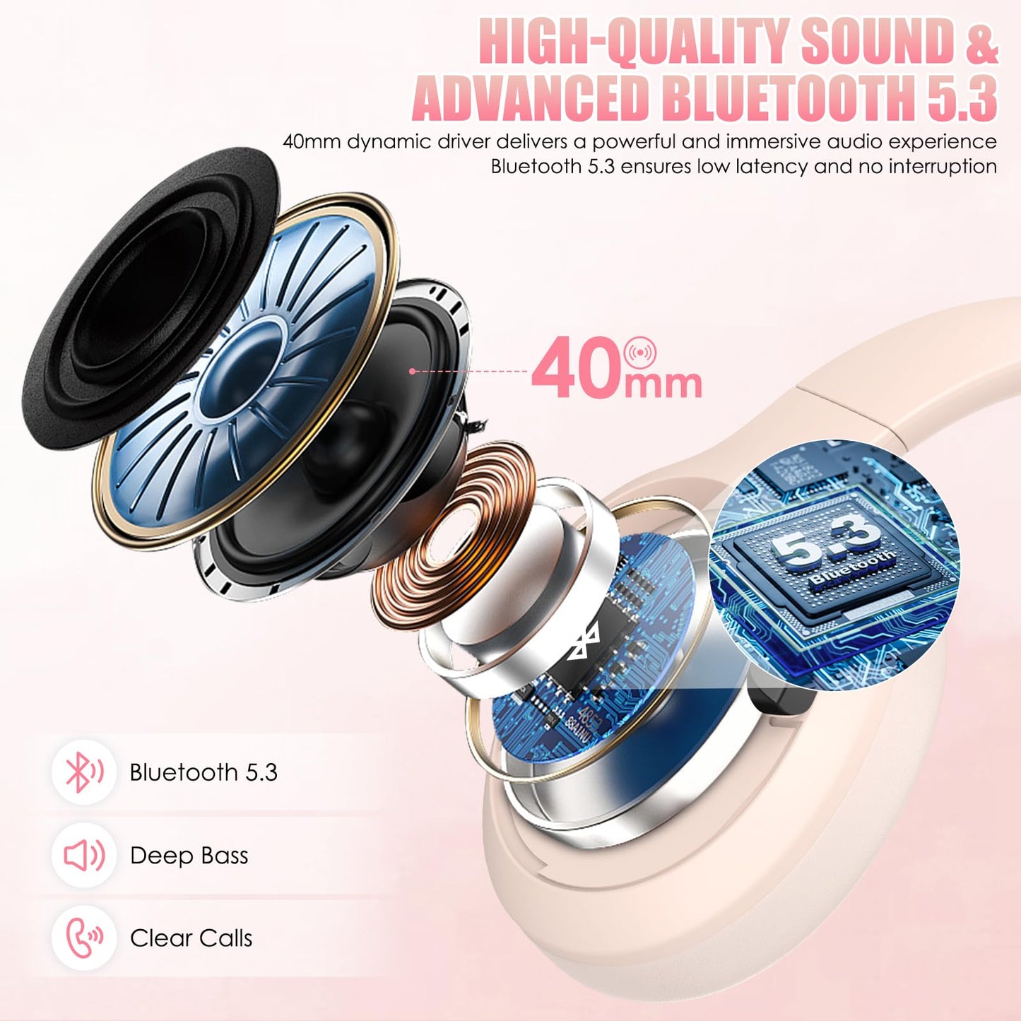 TANKASE Active Noise Cancelling Headphones, Wireless Over Ear Bluetooth Headphones,100H Play Time Bluetooth Headphone with Microphone,Lightweight and Foldable Comfortable Deep Bass for Work/Gym Pink